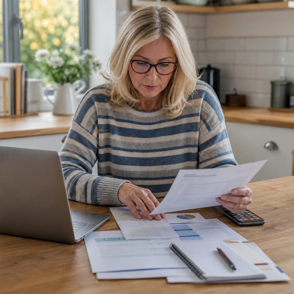 Foster carer reviewing pension documents and National Insurance paperwork