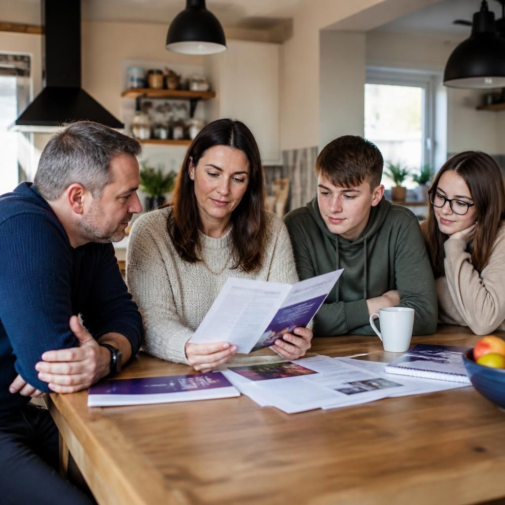 Family discussing fostering information together at a kitchen table