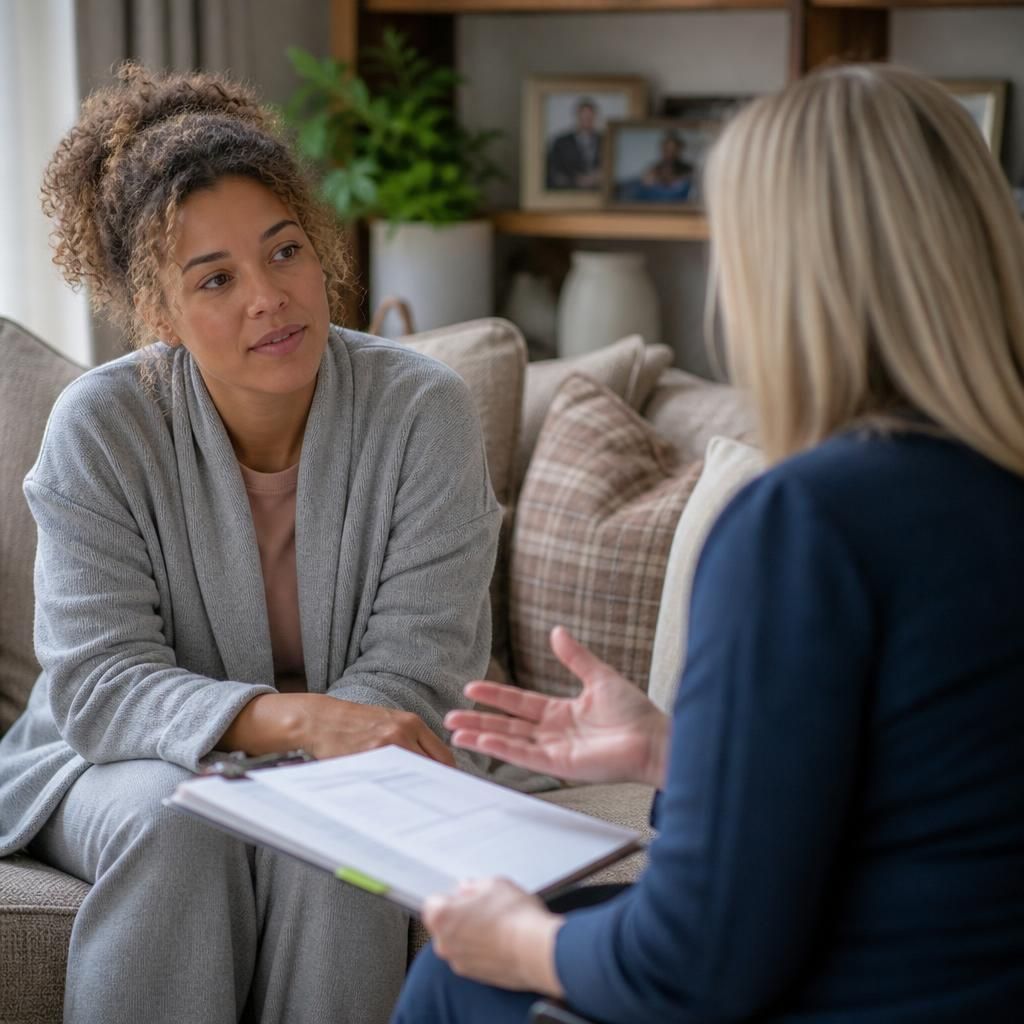 Single parent discussing fostering with an adviser at home