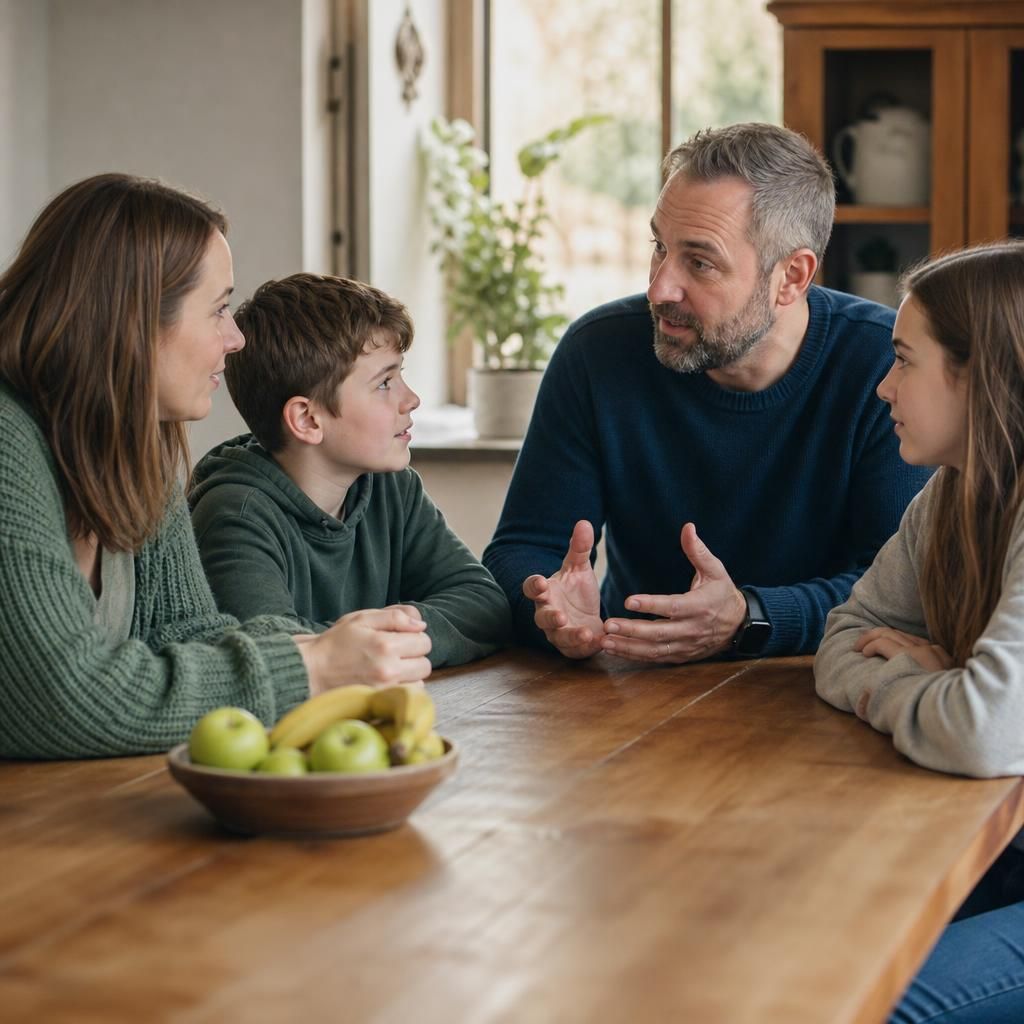 Foster family talking together around a table