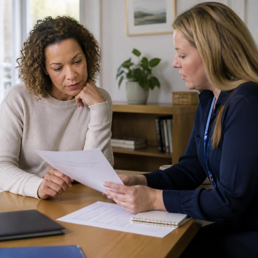 Foster carer reviewing a child’s placement information with a social worker