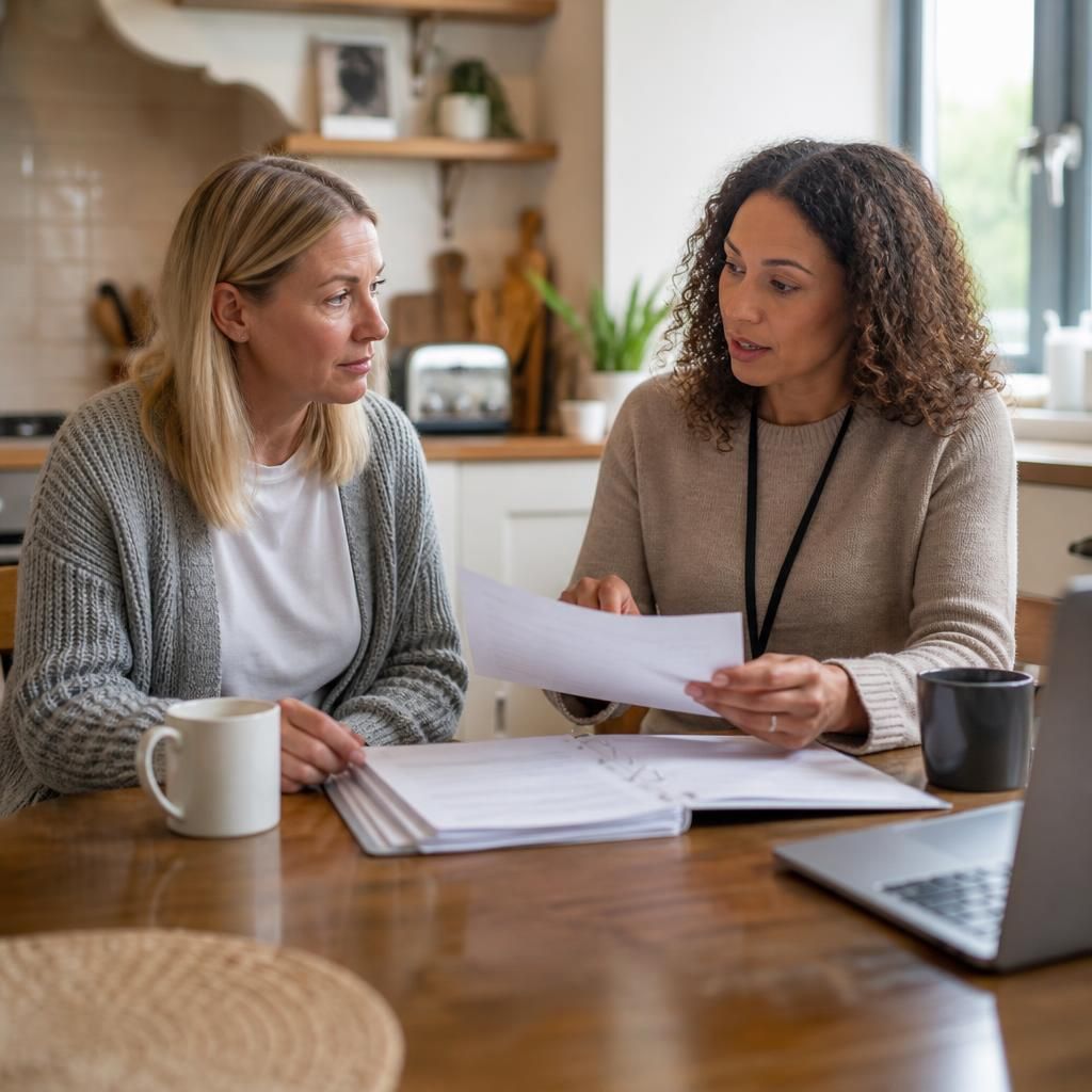 Foster carer discussing assessment documents with a social worker at a kitchen table