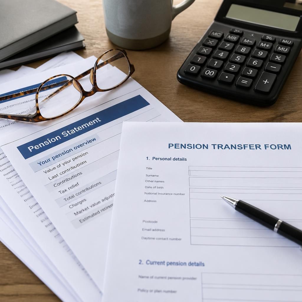 Pension statements and transfer forms on a desk beside a calculator