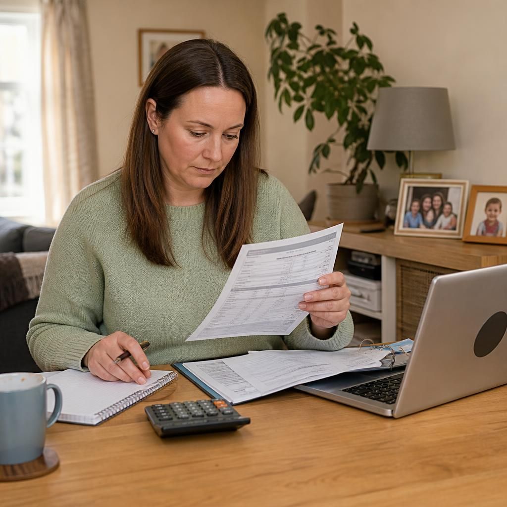 Foster carer reviewing a payment statement and placement records at home
