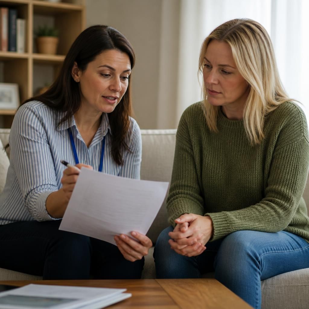 Social worker discussing safeguarding documents with a prospective respite foster carer
