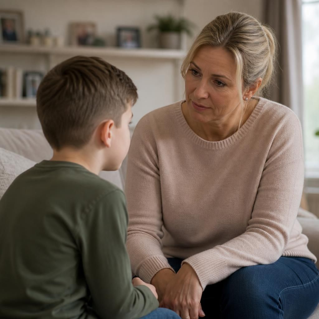 Foster carer talking with a child at home