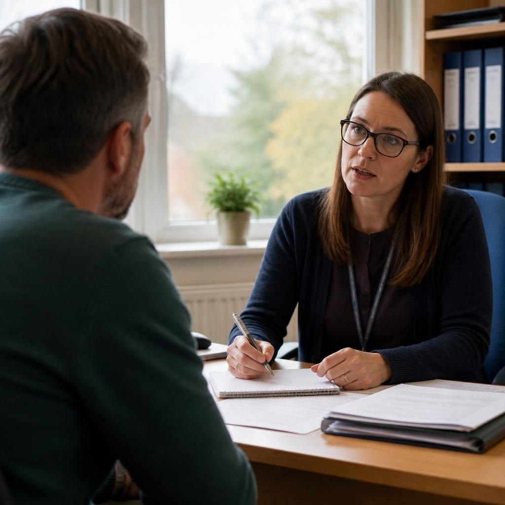 Fostering applicant discussing safeguarding records with an assessing social worker
