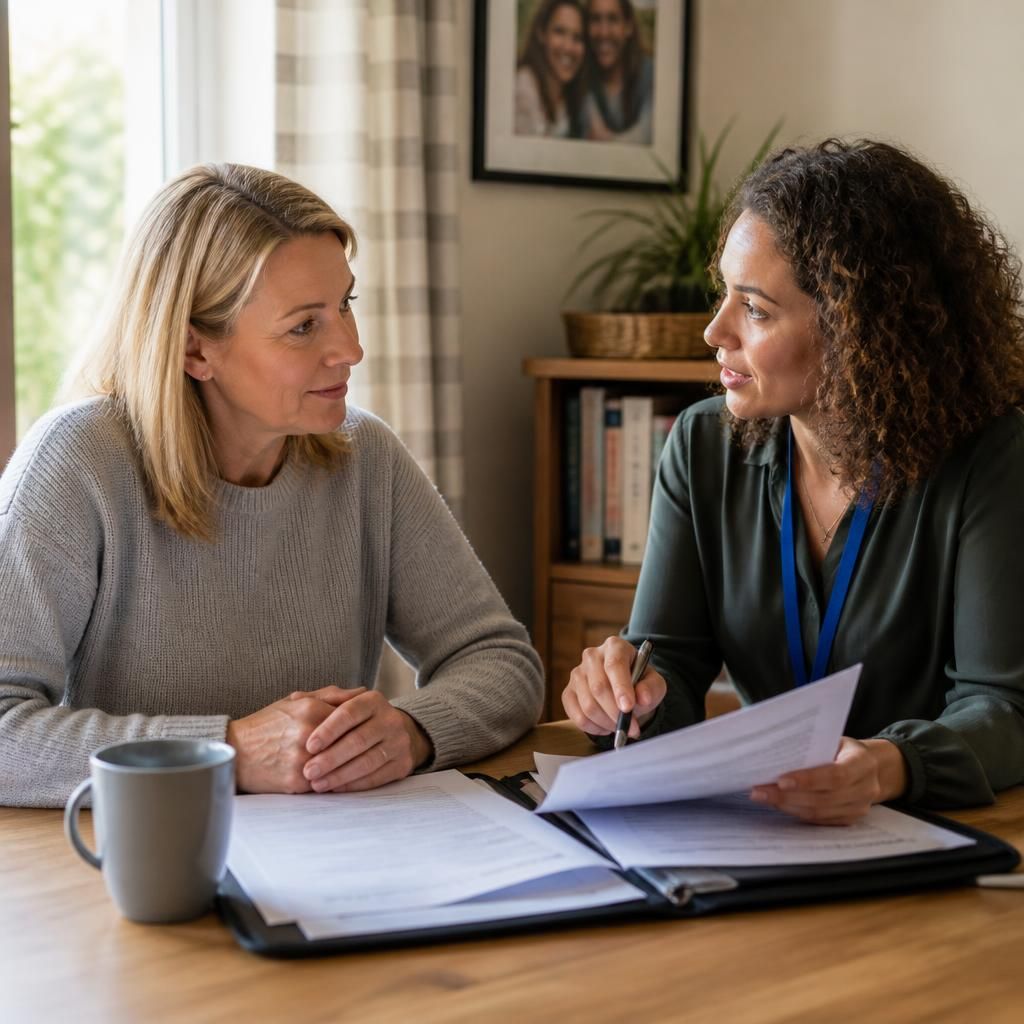 Foster carer applicant discussing eligibility paperwork with a fostering assessor