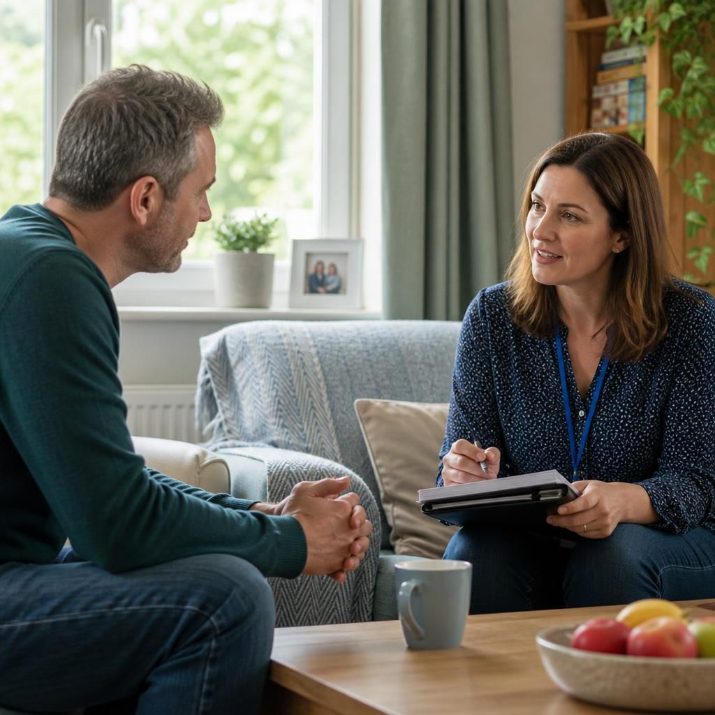 Foster carer speaking with a supervising social worker at home