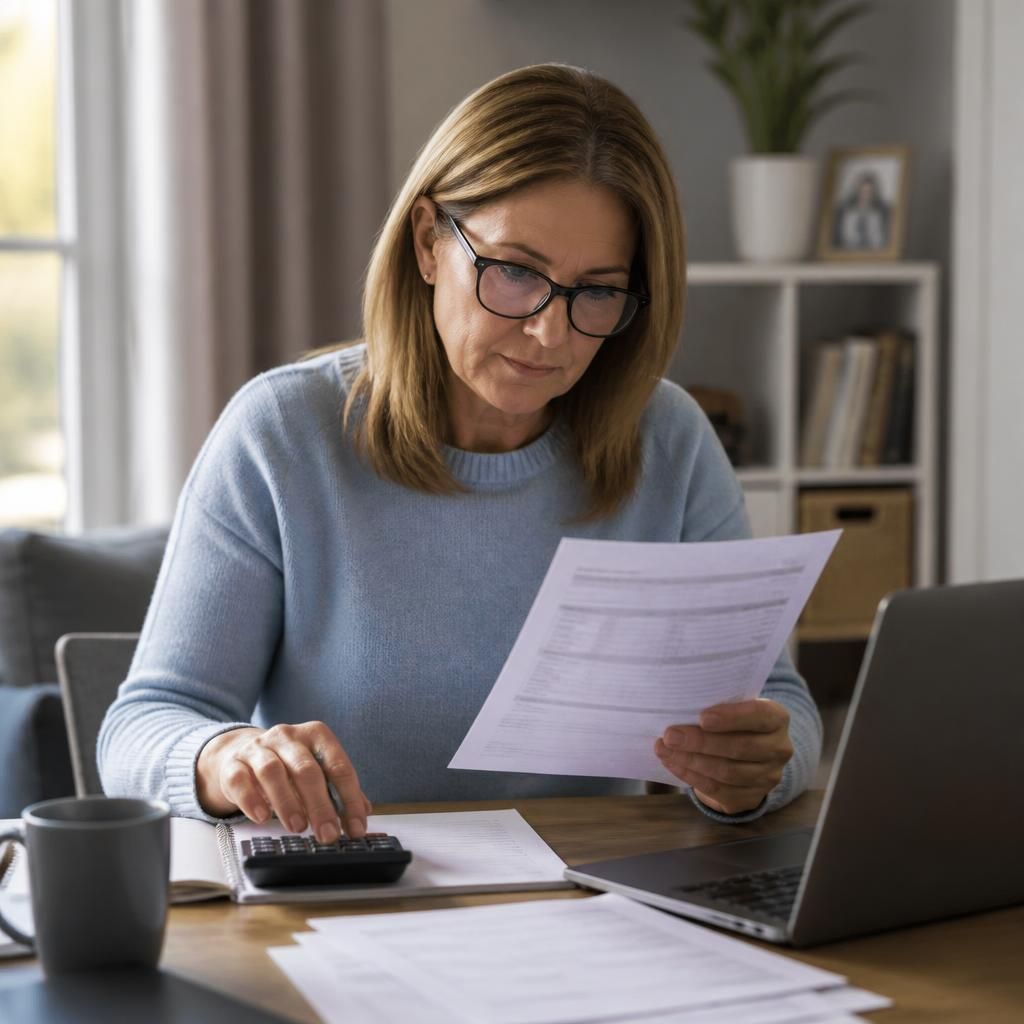 Foster carer reviewing payment records and tax documents at a desk