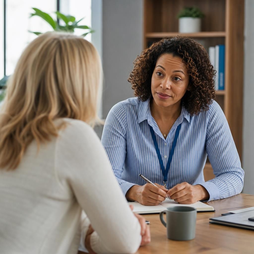 Foster carer speaking with a social worker during an assessment meeting