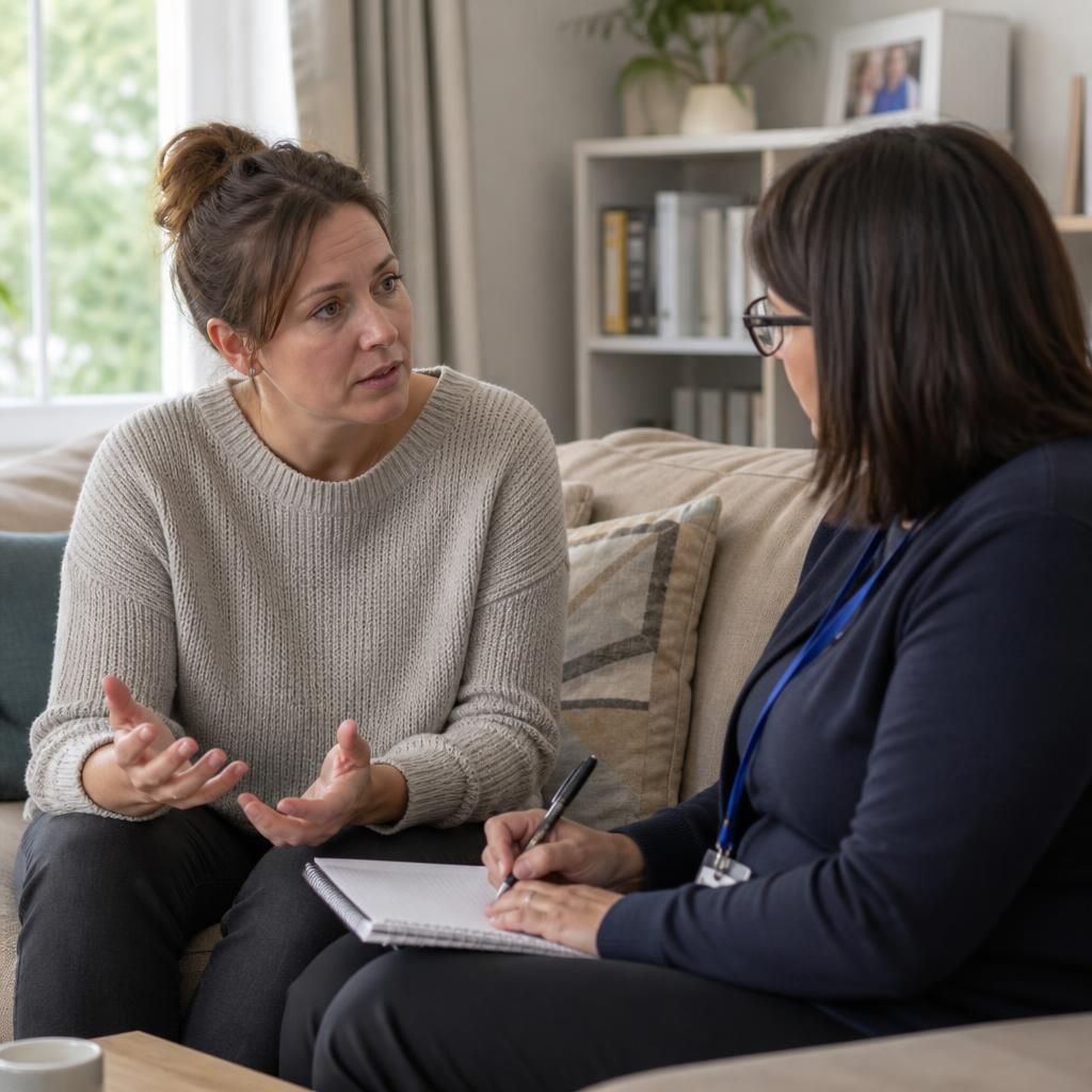 Foster carer discussing placement concerns with a supervising social worker