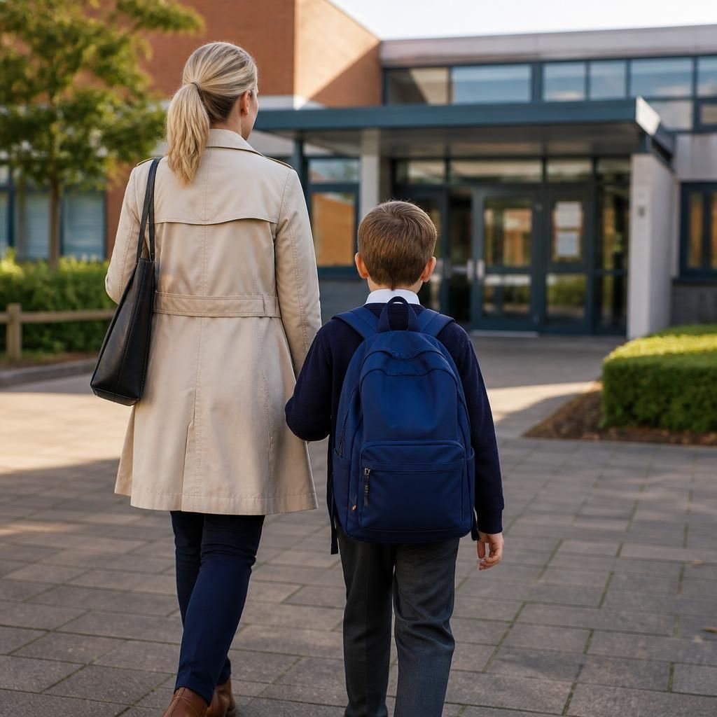 Adult and child with school bags walking towards a school entrance