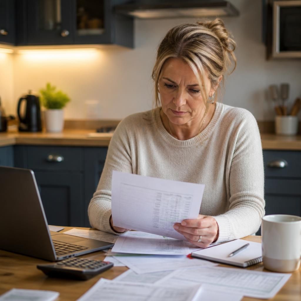 Foster carer reviewing household budget documents at a kitchen table