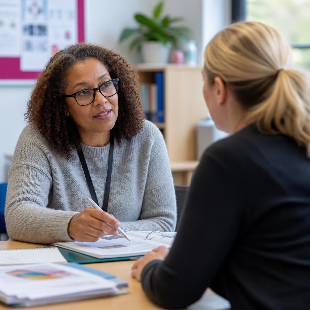 Foster carer discussing training materials with a trainer