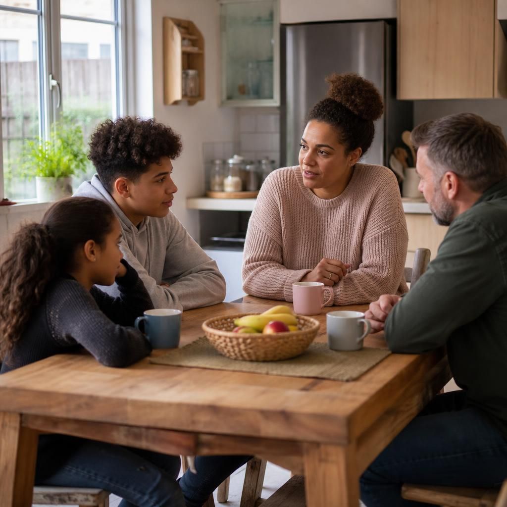 Family members talking together at a kitchen table