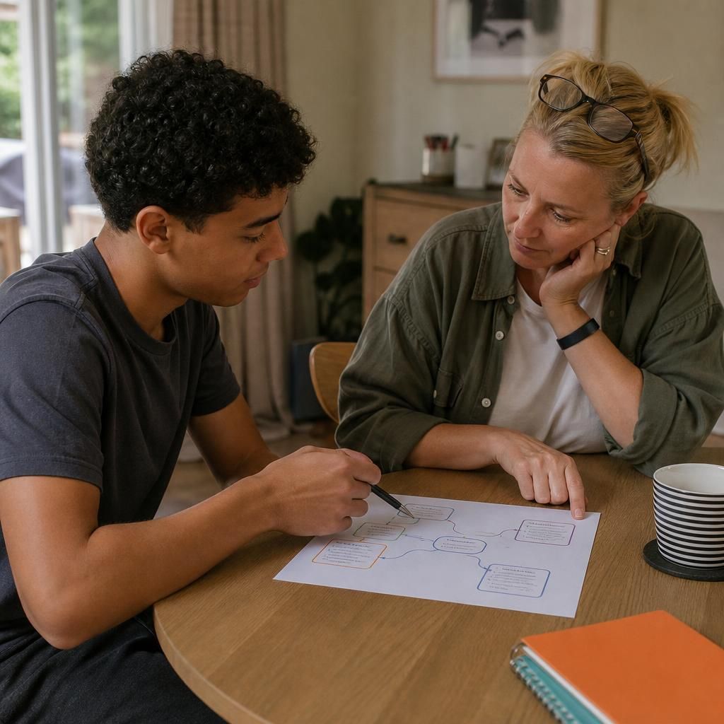 Young person reviewing a pathway plan with a foster carer at a table