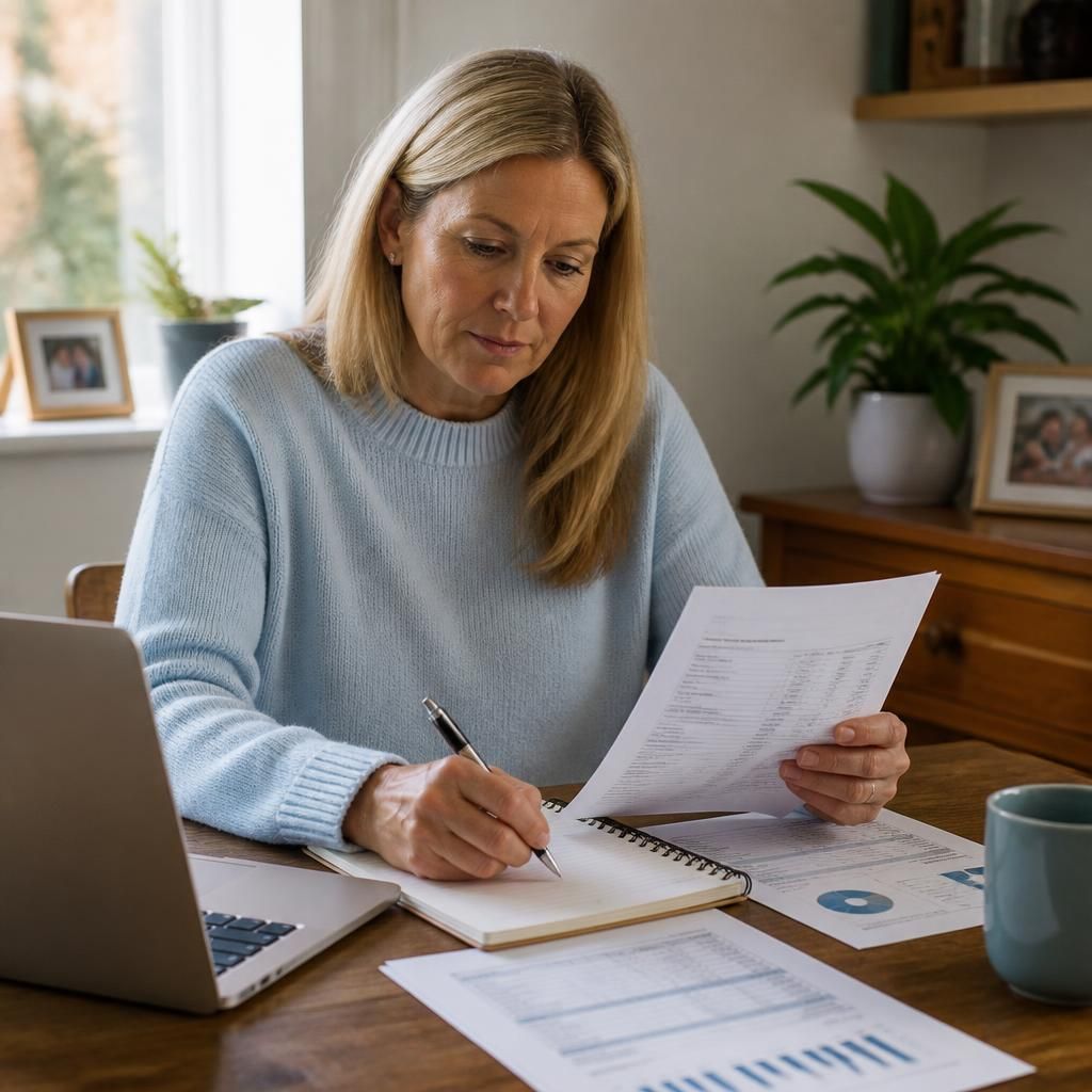 Person reviewing pension statements and notes at a desk