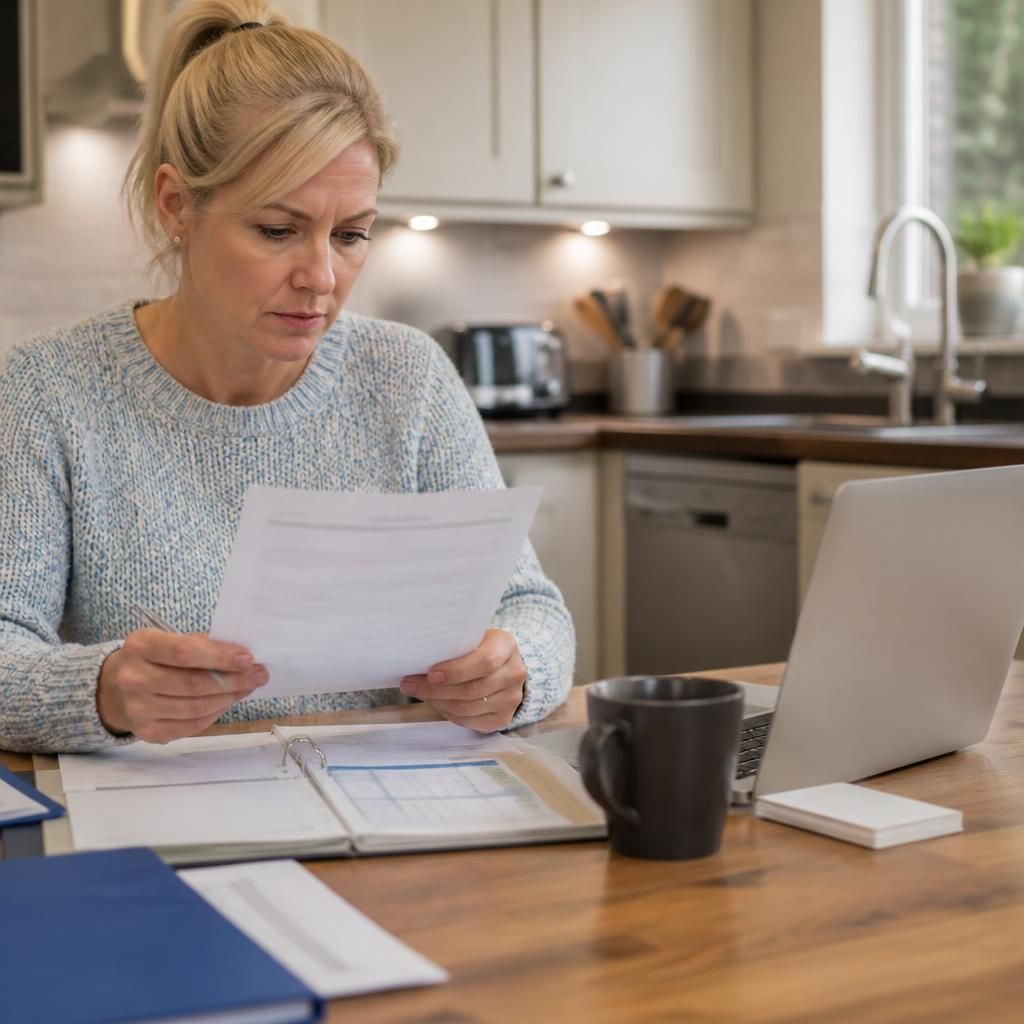 Foster carer reviewing a payment schedule and placement records at a table