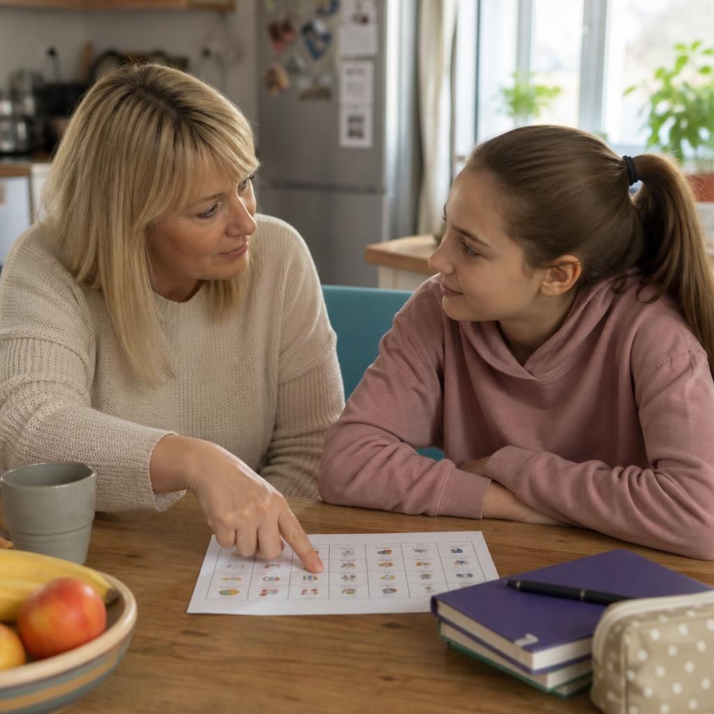 Foster carer and child discussing a daily routine at home