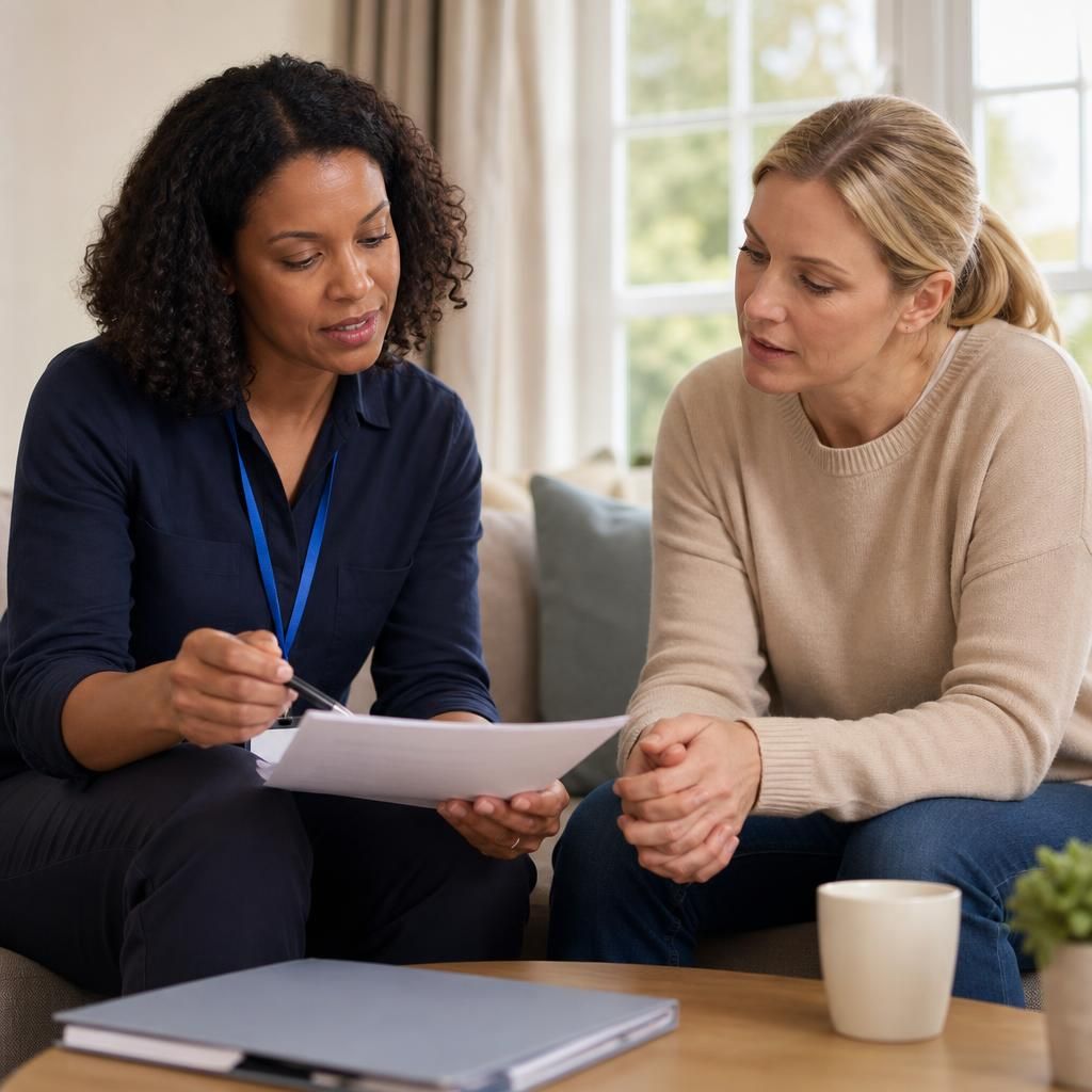 Foster carer discussing a child's care plan with a social worker