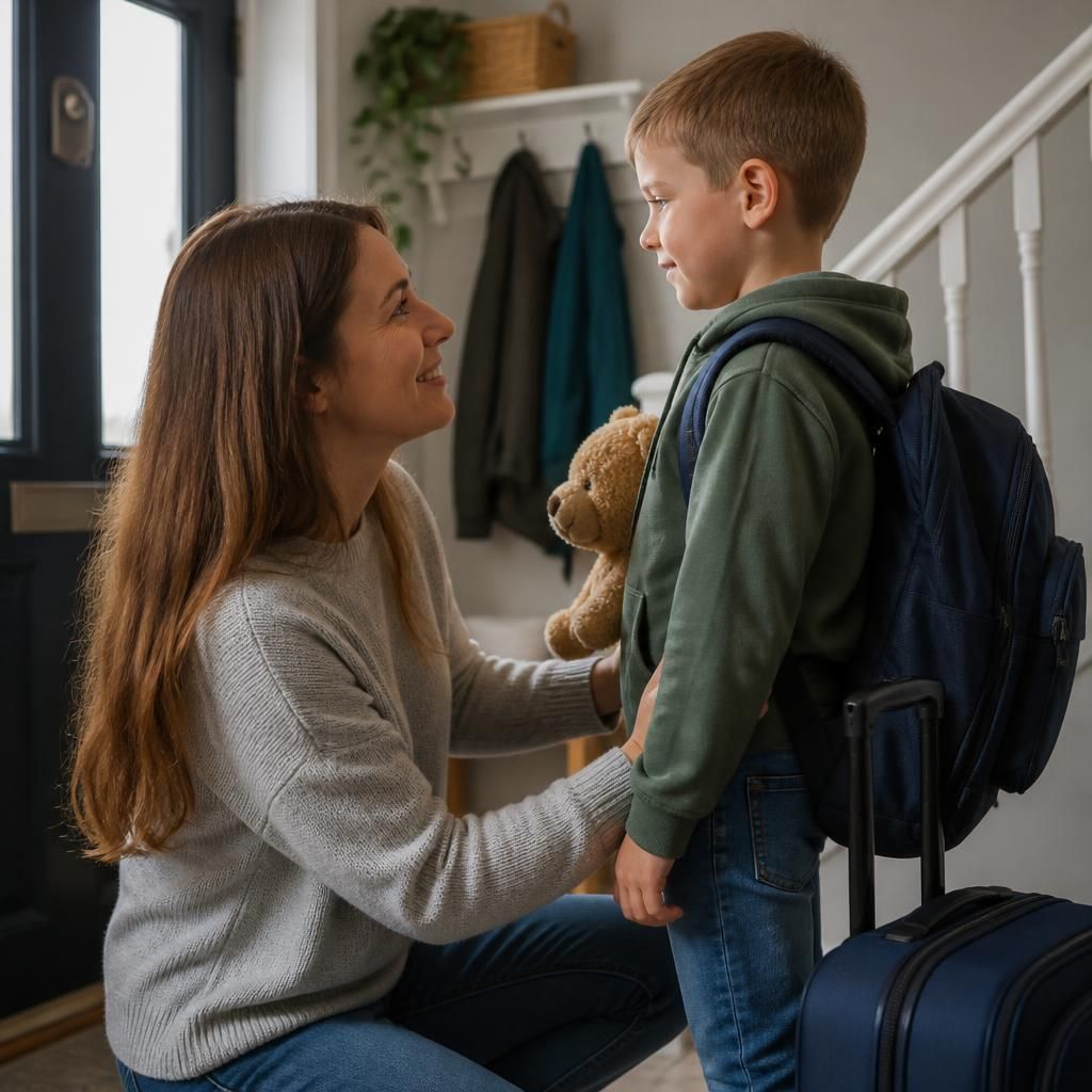 Foster carer helping a child settle into a temporary stay at home