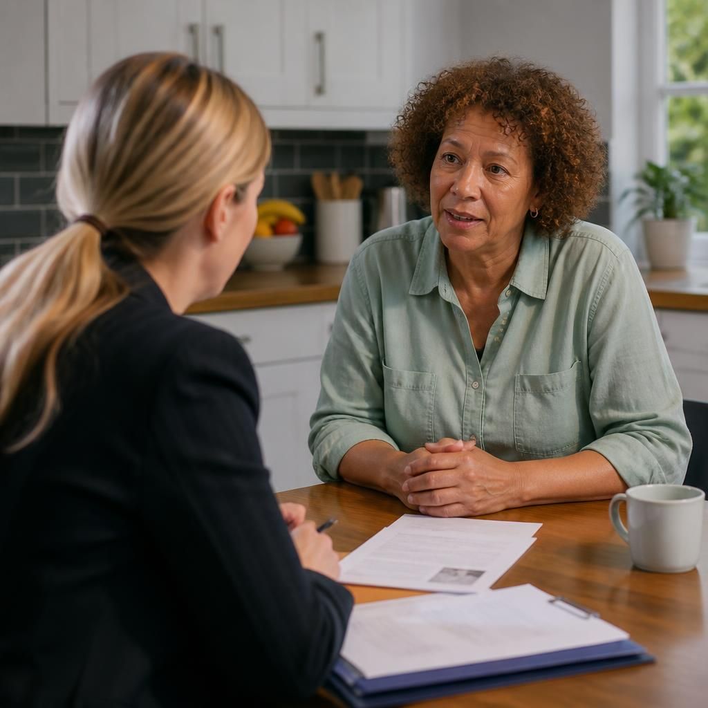 Kinship carer speaking with a social worker at a kitchen table