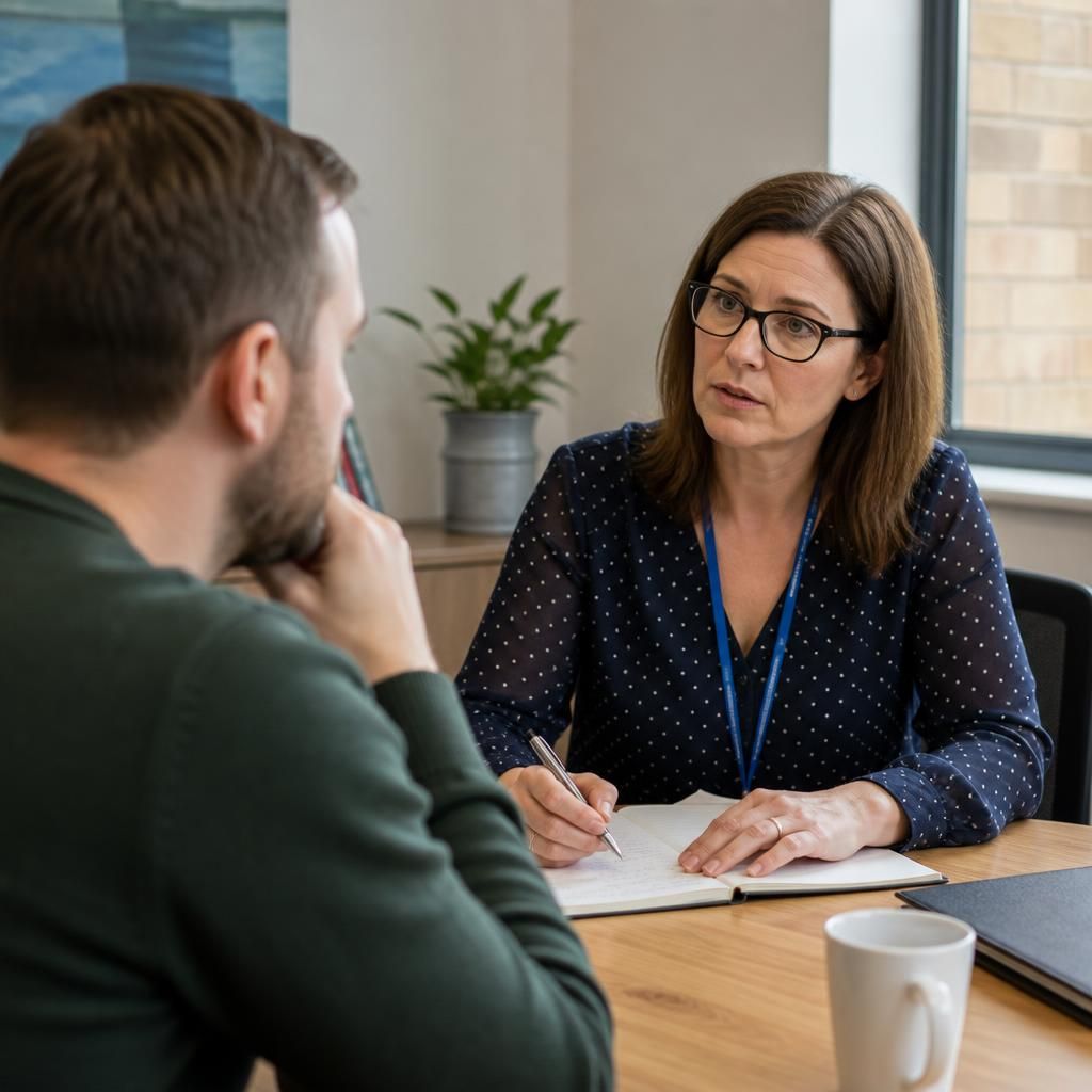 Applicant speaking with a social worker during a fostering assessment meeting