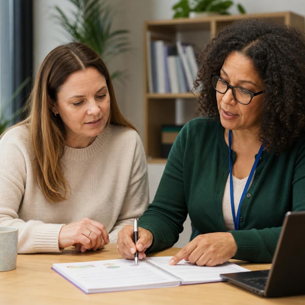 Foster carer completing a training exercise with a social worker
