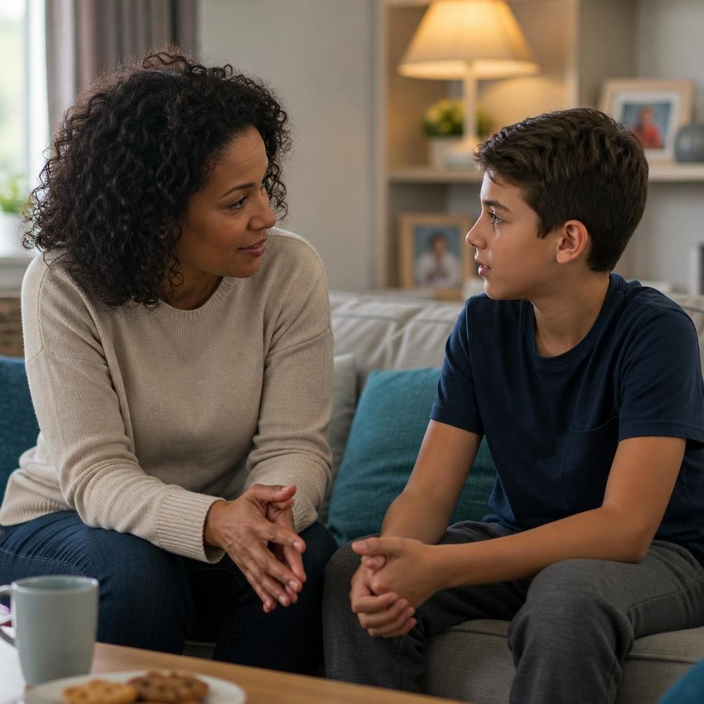 Foster carer talking with a child at home during a short stay