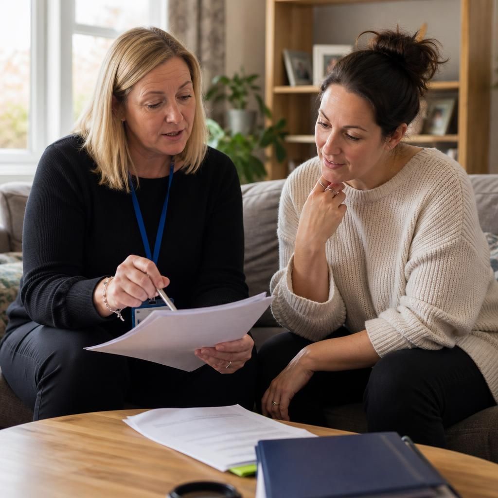 Foster carer discussing assessment paperwork with a social worker at home