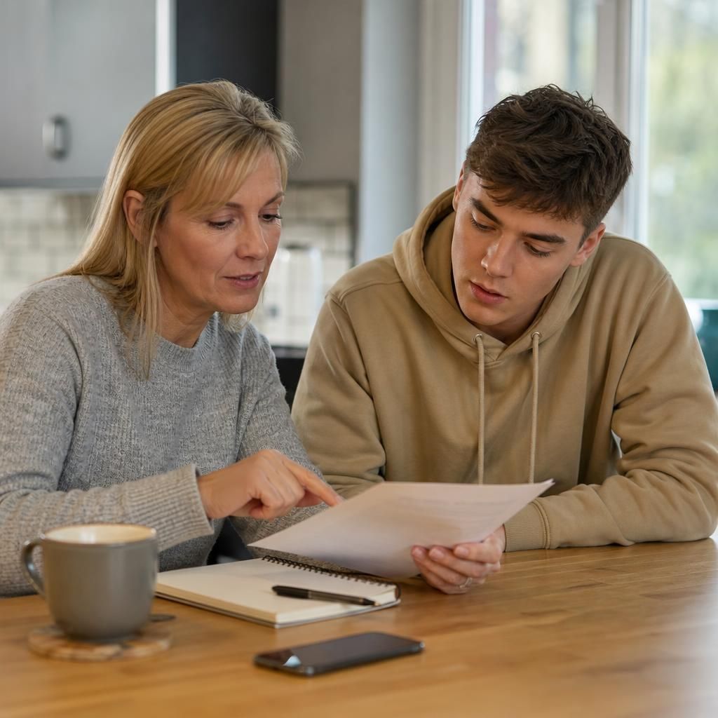 Former foster carer and young adult reviewing a written agreement at a table