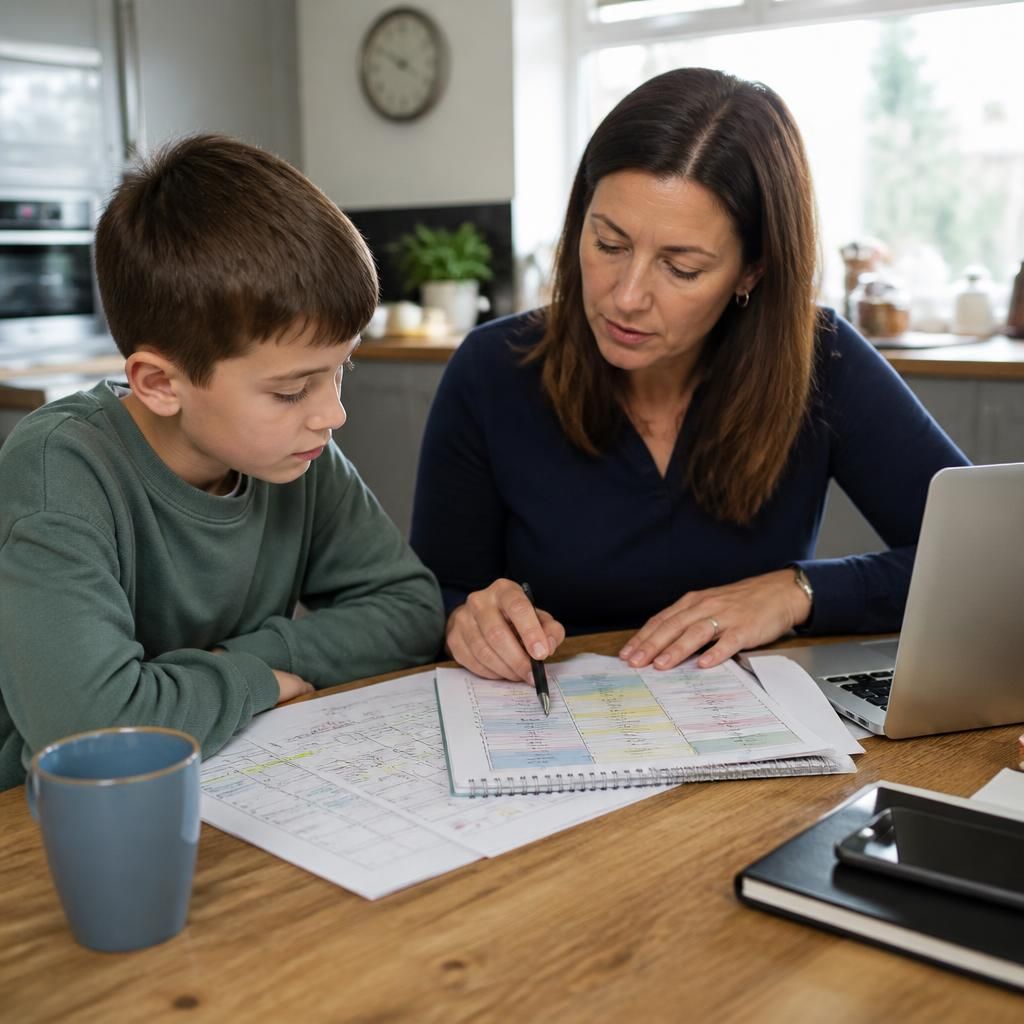 Foster carer reviewing a work schedule alongside a child’s school timetable