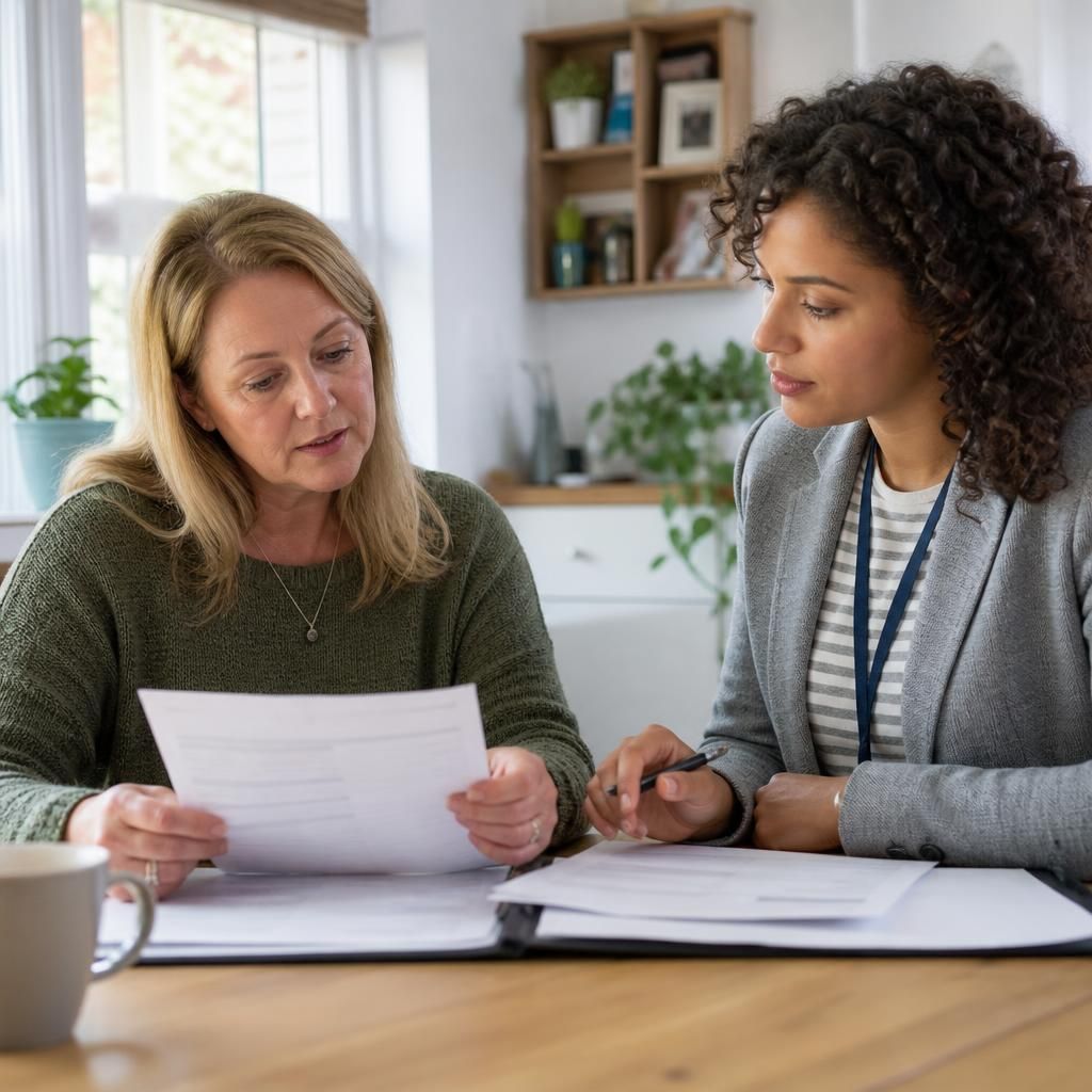 Foster carer reviewing placement payment documents with a social worker