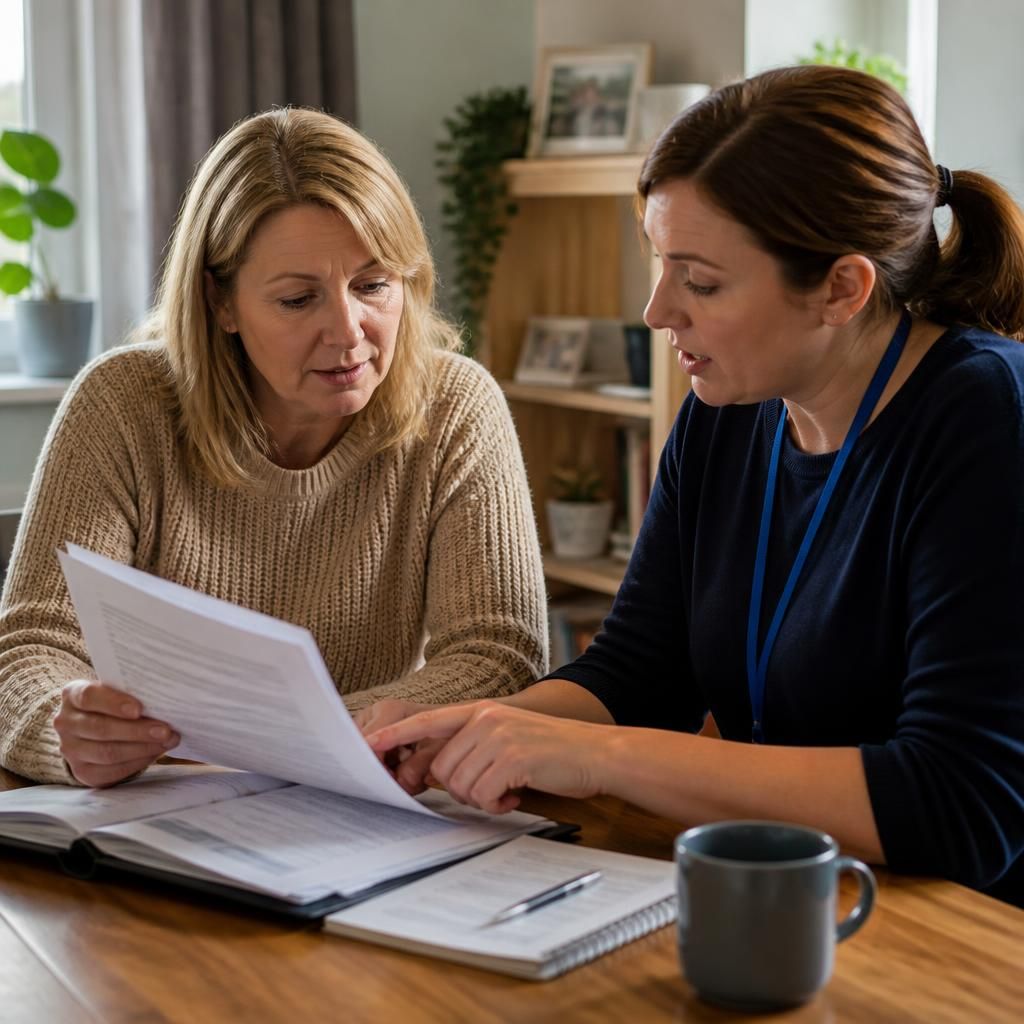 Foster carer reviewing a dated policy document with a social worker