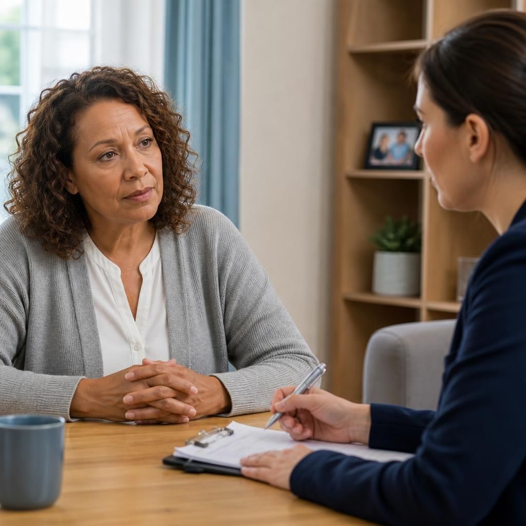 Kinship carer speaking with a social worker during an assessment meeting