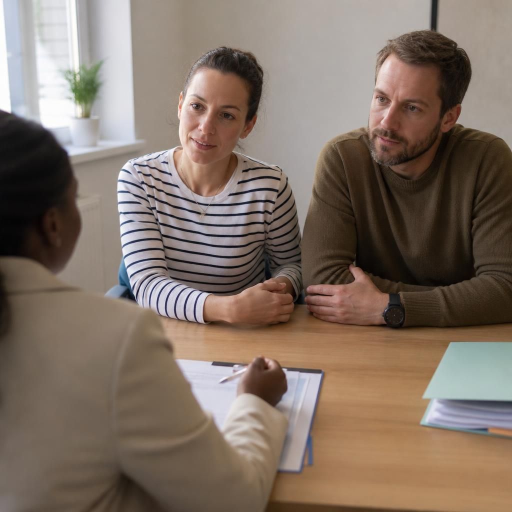 Prospective foster carers speaking with a social worker during an assessment meeting