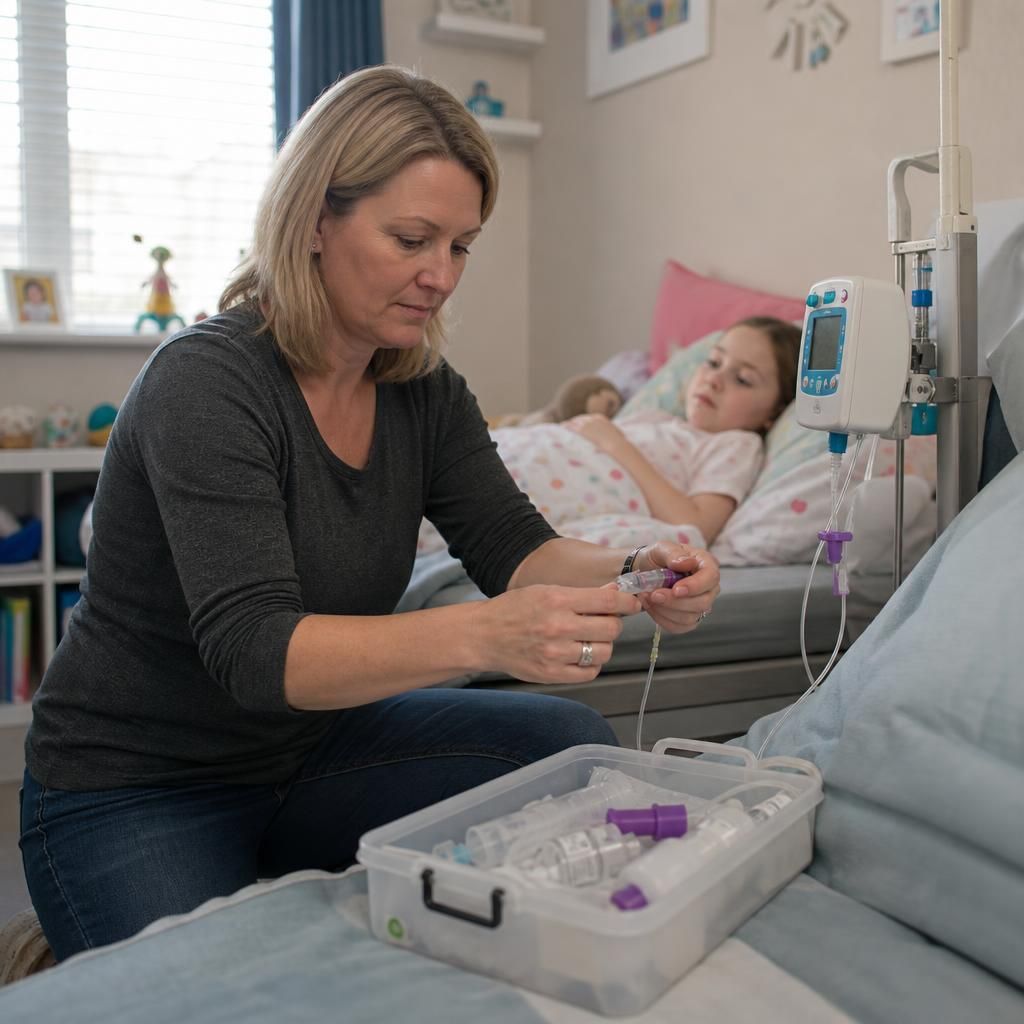 Foster carer checking a child's feeding pump and medical supplies at home