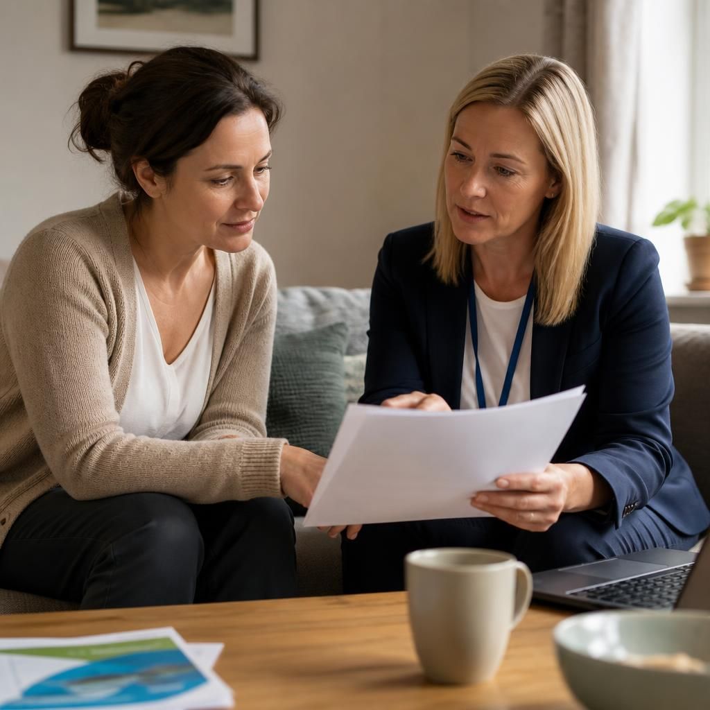 Foster carer and social worker discussing a child’s revised care plan