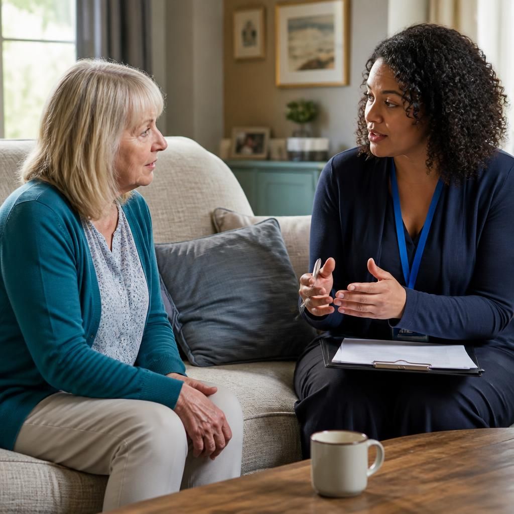 Older prospective foster carer discussing fostering with a social worker at home
