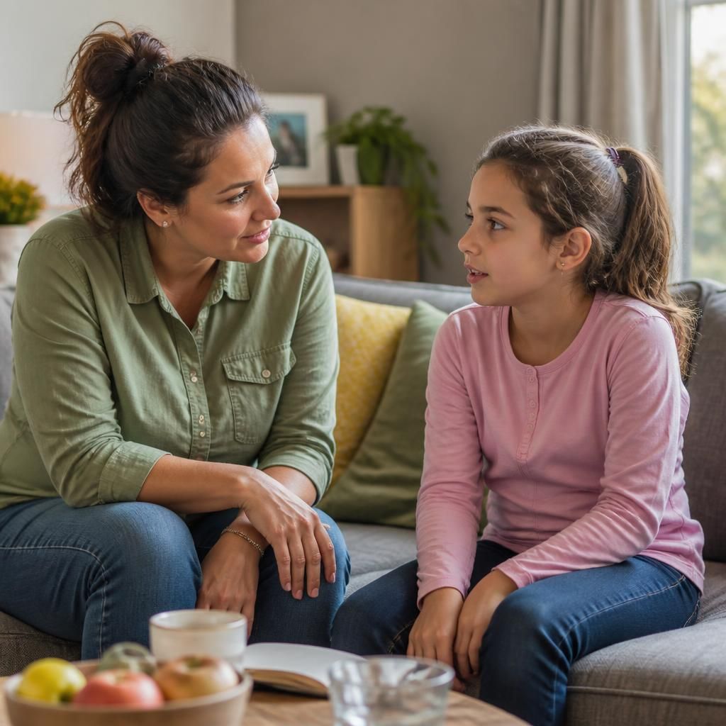 Single foster carer talking with a child at home
