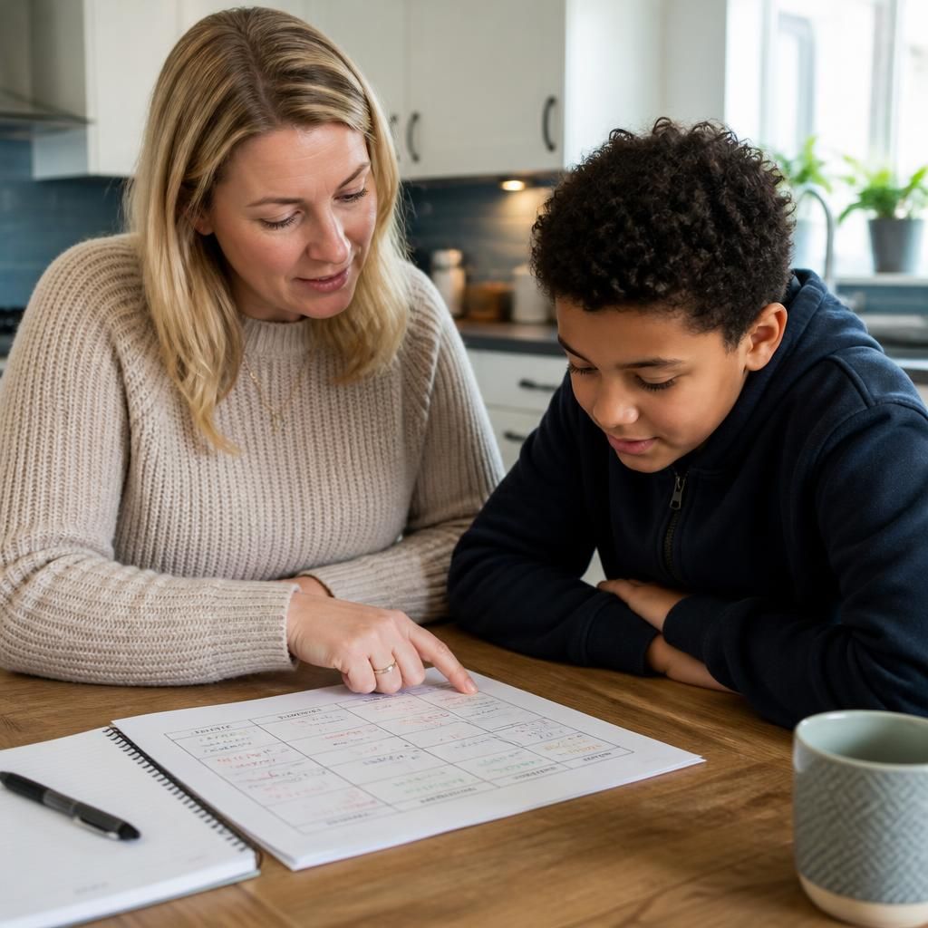 Foster carer and child reviewing a weekend care schedule at a kitchen table