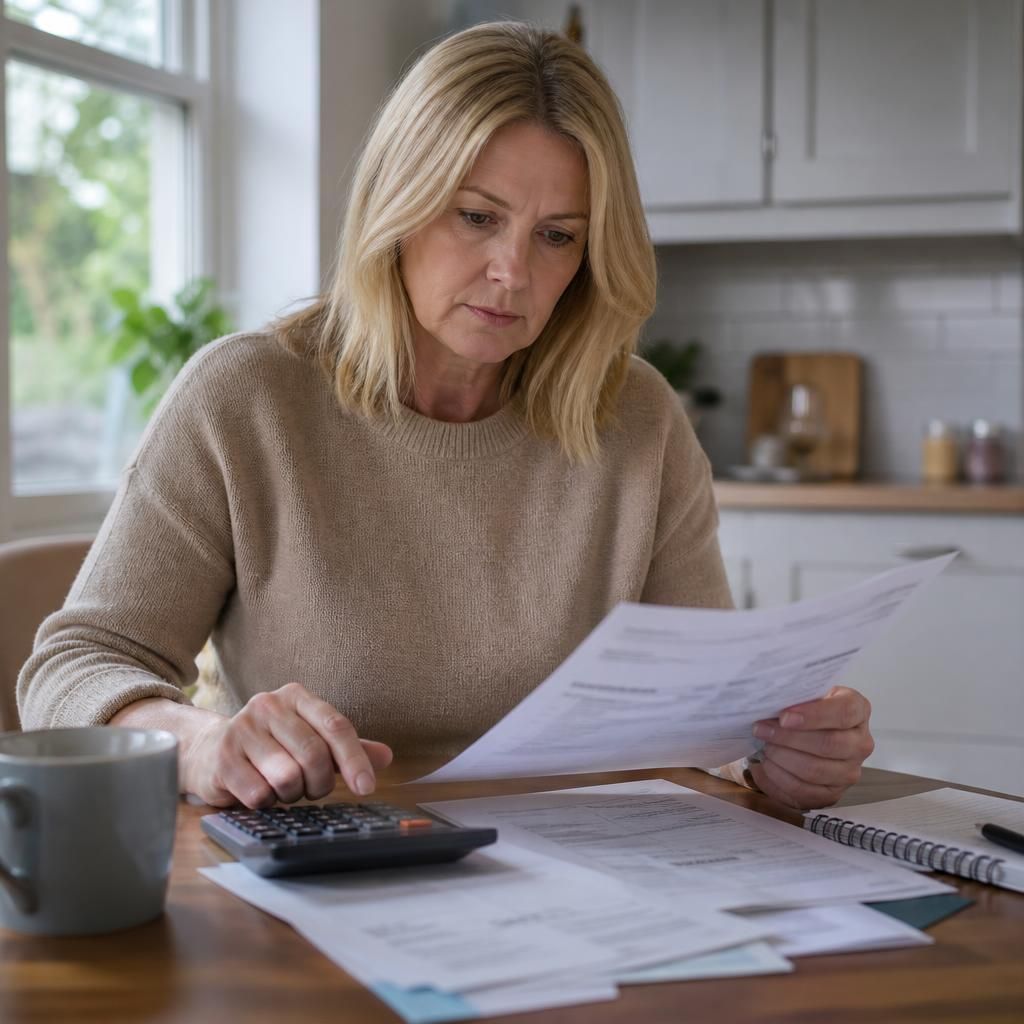 Foster carer reviewing allowance and tax documents at a kitchen table