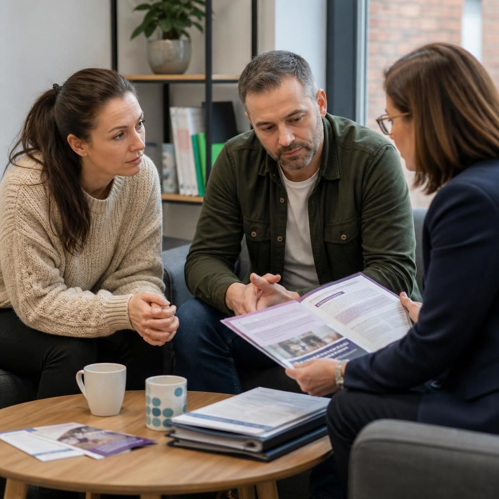 Prospective foster carers discussing training materials with a social worker