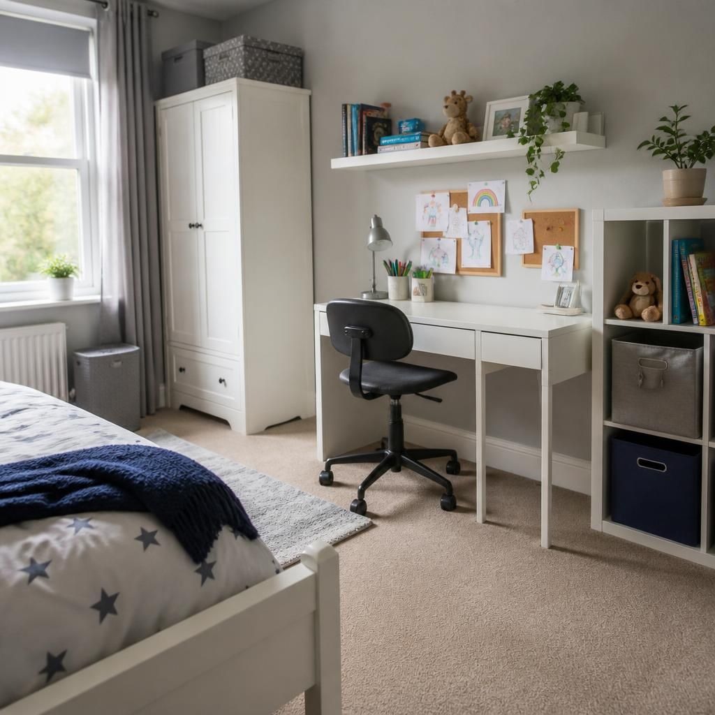 Furnished child’s bedroom with a bed, desk, wardrobe and storage space