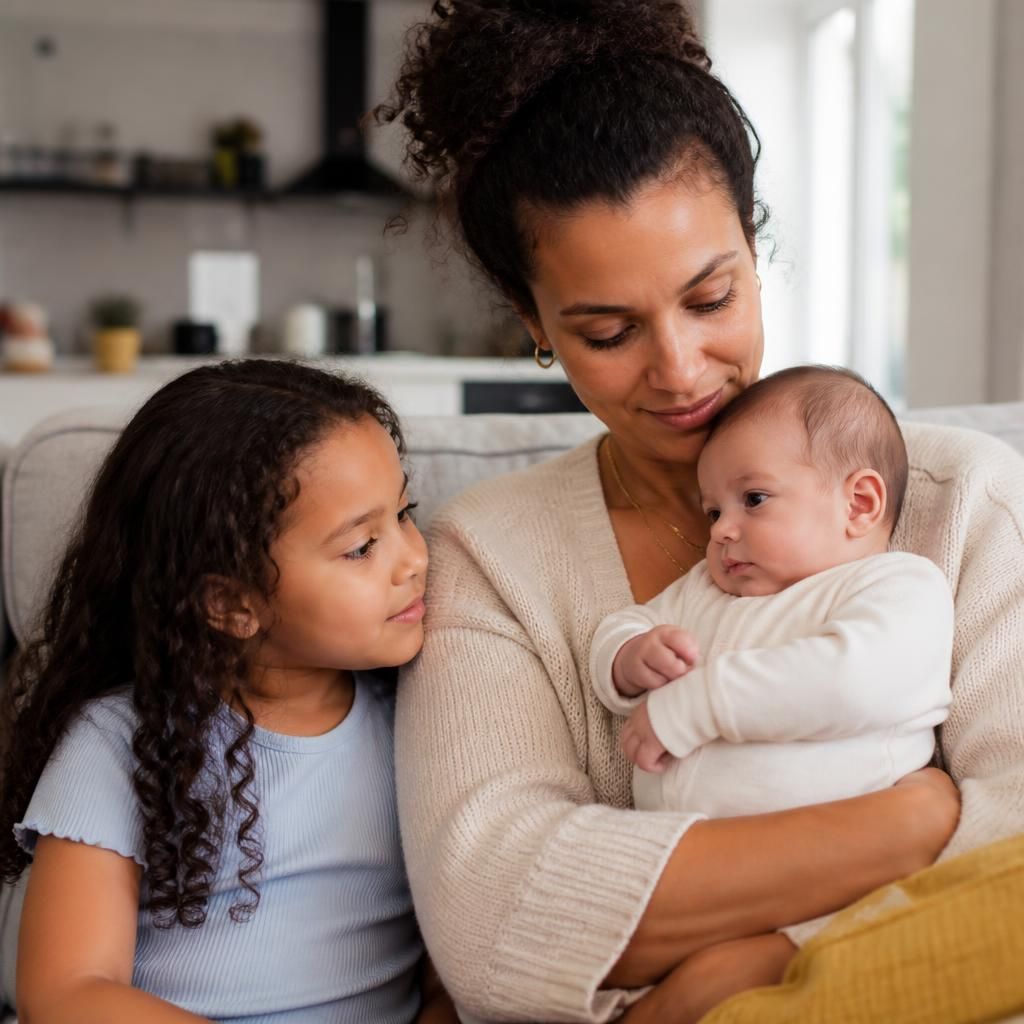 Parent holding a baby while an older child sits nearby