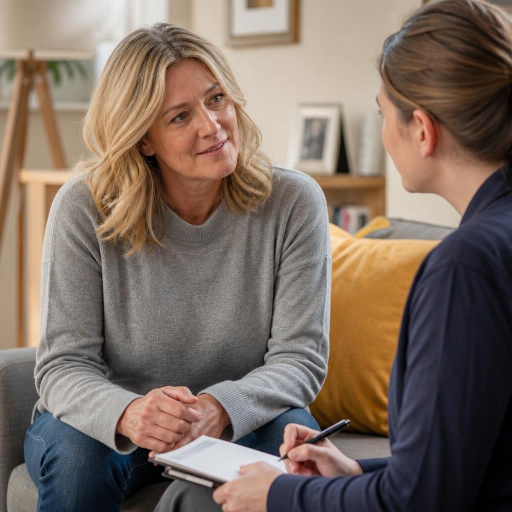 Single foster applicant speaking with a support worker at home