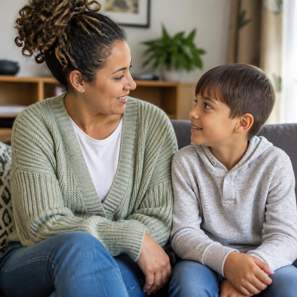 Foster carer and child sitting together at home