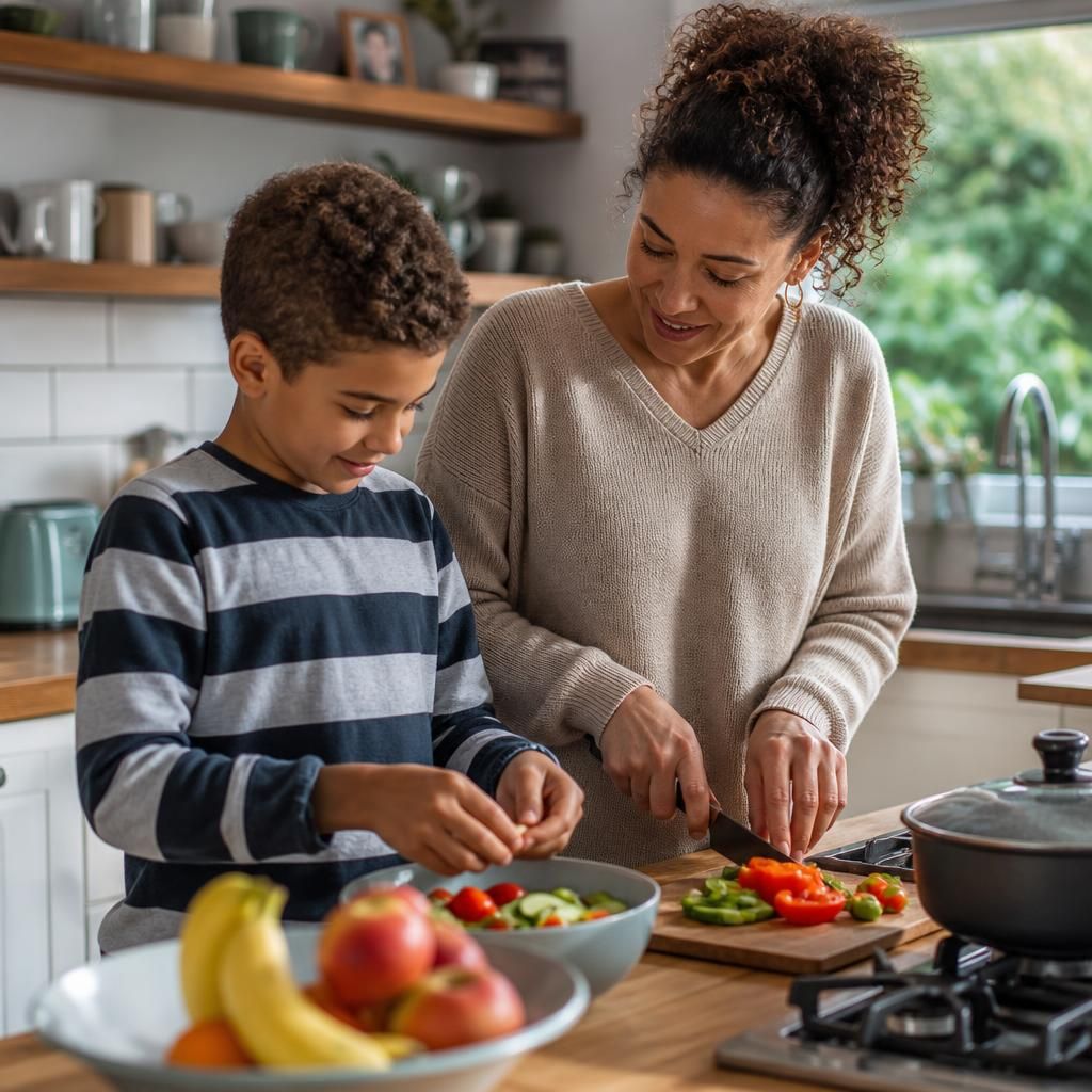 Foster carer and child preparing a meal together at home