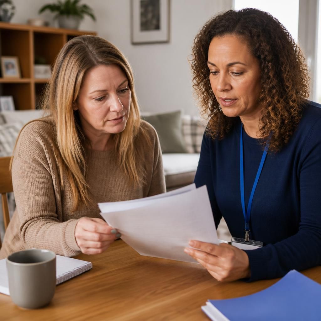 Foster carer reviewing respite placement paperwork with a support worker